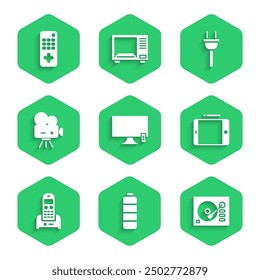 Set Smart Tv, Battery charge level indicator, Vinyl player, Graphic tablet, Telephone, Retro cinema camera, Electric plug and Remote control icon. Vector