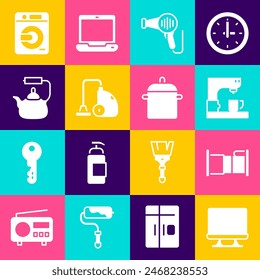 Set Smart Tv, Bed, Coffee machine, Hair dryer, Vacuum cleaner, Kettle with handle, Washer and Cooking pot icon. Vector
