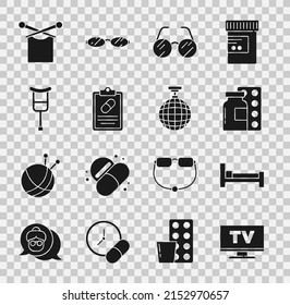 Set Smart Tv, Bed, Pills in blister pack, Eyeglasses, Medical prescription, Crutch or crutches, Knitting and Disco ball icon. Vector