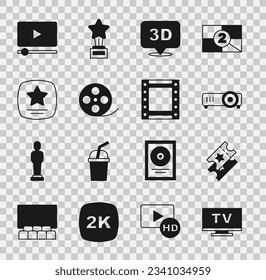 Set Smart Tv, Cinema ticket, Movie, film, media projector, 3D word, Film reel, Walk of fame star, Online play video and Play icon. Vector