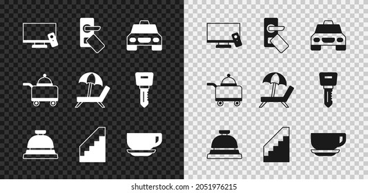 Set Smart Tv, Digital door lock, Taxi car, Hotel service bell, Stairs, Coffee cup, Covered with tray food and Sunbed umbrella icon. Vector
