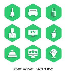 Set Smart Tv, Five stars rating review, Champagne an ice bucket, Hotel service bell, Concierge, Suitcase and  icon. Vector