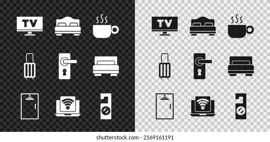 Set Smart Tv, Hotel room bed, Coffee cup, Shower cabin, Wireless laptop, Please do not disturb, Suitcase and Door handle icon. Vector