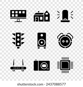 Set Smart Tv, House, Flasher siren, Router and wi-fi signal, Photo camera, Processor with microcircuits CPU, Traffic light and Stereo speaker icon. Vector