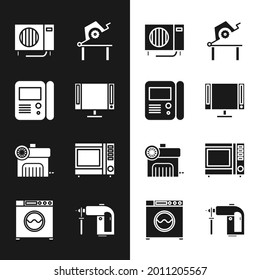 Set Smart Tv, House intercom system, Air conditioner, Table saw for woodwork, compressor and Microwave oven icon. Vector