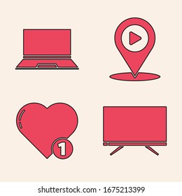 Set Smart TV, Laptop, Digital Media spielen mit Ort und Ähnliches und Herz Symbol. Vektorillustration