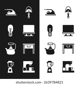 Set Smart Tv, Light bulb, Electric iron, Spatula, Kettle with handle, Furniture nightstand, Coffee machine and Blender icon. Vector