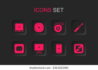 Set Smart Tv, Lightning bolt, Laptop, Mobile phone, Screwdriver, No lightning, Roll adhesive tape and Electrical outlet icon. Vector