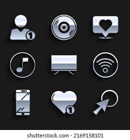 Set Smart Tv, Like And Heart, Arrow Cursor, Wi-Fi Wireless Internet Network, Smartphone, Mobile Phone, Music Note, Tone,  And Add Friend Icon. Vector