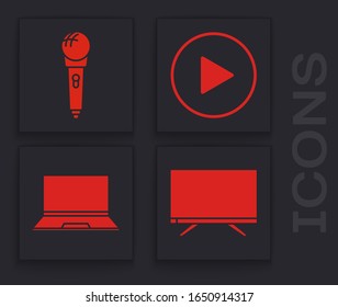 Set Smart Tv, Microphone, Play in circle and Laptop icon. Vector