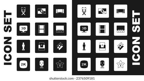 Set Smart Tv, Play video, 3D word, Director movie chair, Cinema auditorium with screen, Old film countdown frame, ticket and Movie trophy icon. Vector