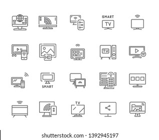 Set of smart tv Related Vector Line Icons. Includes such Icons as security, innovation, technology, smart, management, control, communication, synchronization, Internet, browser, app - vector 