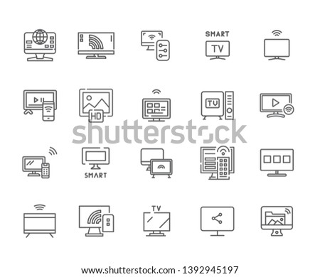 Set of smart tv Related Vector Line Icons. Includes such Icons as security, innovation, technology, smart, management, control, communication, synchronization, Internet, browser, app - vector 