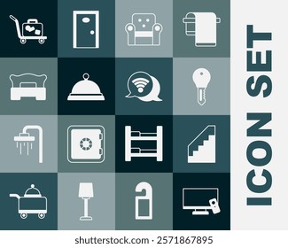 Set Smart Tv, Stairs, Hotel door lock key, Armchair, Covered with tray of food, Bedroom, Trolley suitcase and Wi-Fi wireless internet icon. Vector