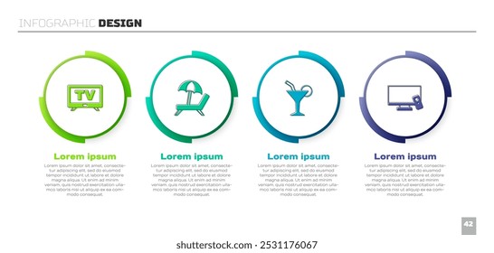 Set Smart Tv, Sunbed with umbrella, Cocktail and . Business infographic template. Vector