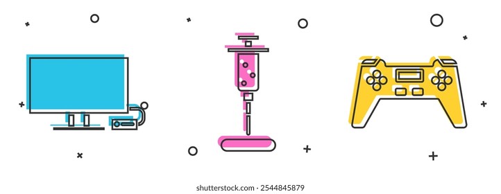 Set Smart Tv, Syringe and Gamepad icon. Vector