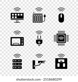 Sistema de Smart Tv, radiador de calefacción, ratón inalámbrico, servidor, cámara de seguridad, básculas de baño, horno de microondas e icono de enchufe eléctrico. Vector