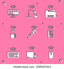 Set Smart Tv system, Robotic robot arm hand factory, printer, safe combination lock, Wireless microphone, thermometer, keyboard and truck icon. Vector
