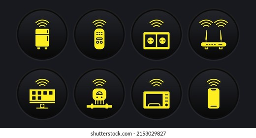 Set Smart Tv system, Router and wi-fi signal, sensor, microwave oven, electrical outlet, remote control, Wireless smartphone and refrigerator icon. Vector