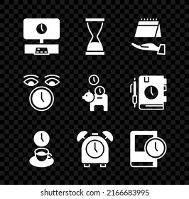 Set Smart Tv time, Old hourglass with sand, Calendar, Coffee, Alarm clock, Time for book, Clock and Piggy bank coin icon. Vector