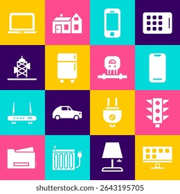 Definir Smart Tv, Semáforo, Smartphone, Frigorífico, Antena, Laptop and sensor icon. Vetor