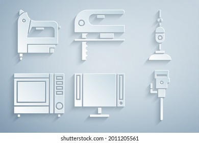 Set Smart Tv, Vacuum cleaner, Microwave oven, Construction jackhammer, Electric jigsaw and construction stapler icon. Vector