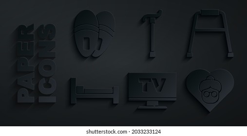 Set Smart Tv, Walker, Bed, Grandmother, Walking stick cane and Slippers icon. Vector