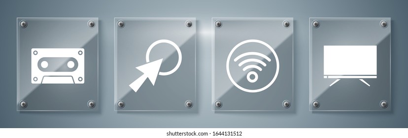 Set Smart Tv, Wi-Fi wireless internet network, Arrow cursor and Retro audio cassette tape. Square glass panels. Vector