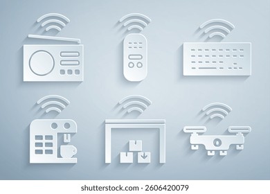 Set Smart warehouse, Wireless keyboard, coffee machine, drone, remote control and radio icon. Vector