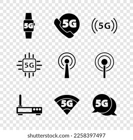 Set Smart watch 5G Netzwerk, Telefon mit, Router und Wi-Fi Signal, Prozessor und Antenna Symbol. Vektorgrafik