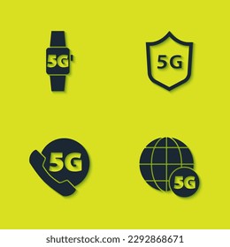 Set Smart watch 5G Netzwerk, Telefon mit und Schutzschild Symbol. Vektorgrafik
