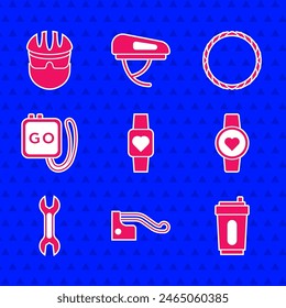 Set Smart watch, Bicycle brake, Sport bottle with water, Wrench spanner, Stopwatch, wheel and helmet icon. Vector