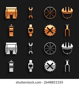 Set Smart watch, Bicycle helmet, fork, sprocket crank, Sport bottle with water, wheel, Cycling shorts and Wrench spanner icon. Vector