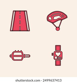 Set Smart watch, Bicycle lane, helmet and pedal icon. Vector