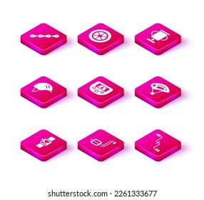 Set Smart watch, Bicycle pedal, helmet, Gps device with map, pedals, Award cup bicycle and wheel icon. Vector