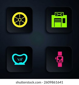 Set Smart watch, Bicycle wheel, punctured tire and repair service. Black square button. Vector