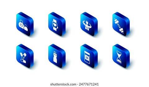 Set Smart watch, Bodybuilder muscle, Dumbbell, Old hourglass, Anabolic drugs, Fitness shaker, Vitamin pill and Kettlebell icon. Vector