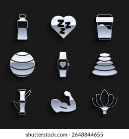 Set Smart watch, Bodybuilder muscle, Lotus flower, Stack hot stones, Bamboo, Fitness ball, Glass with water and Bottle of icon. Vector