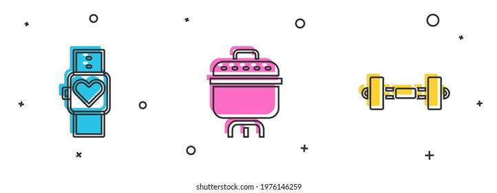 Set Smart watch, Cooking pot and Dumbbell icon. Vector