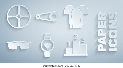 Set Smart watch, Cycling t-shirt, Sport cycling sunglasses, Award over sports winner podium, Bicycle chain with gear and wheel icon. Vector