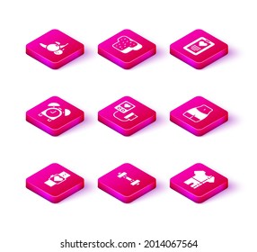 Set Smart watch, Dumbbell, Alarm clock, Blood pressure, Sport track suit, Women waist, Medical clipboard and Bread toast icon. Vector
