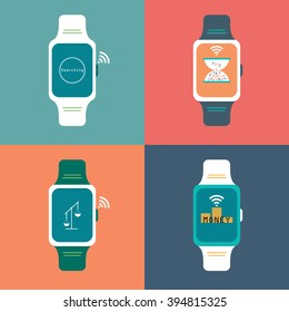 Set of smart watch. Flat design illustration. Iwatch touchable screen. Multitasking. Searching for time. Money. Justice icons 