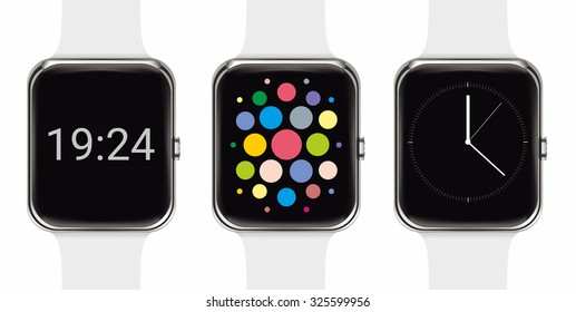 Set of smart watch with gray sport band on white background. RGB EPS 10 vector illustration.