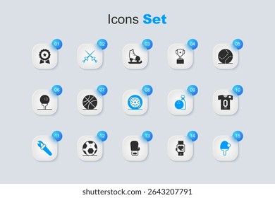 Set Smart watch with heart, Basketball ball, Fencing, Torch flame, Racket, Football jersey and t-shirt, Medal star and Car wheel icon. Vector