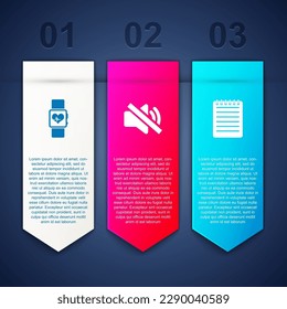 Set Smart watch heart beat rate, Speaker mute and Notebook. Business infographic template. Vector