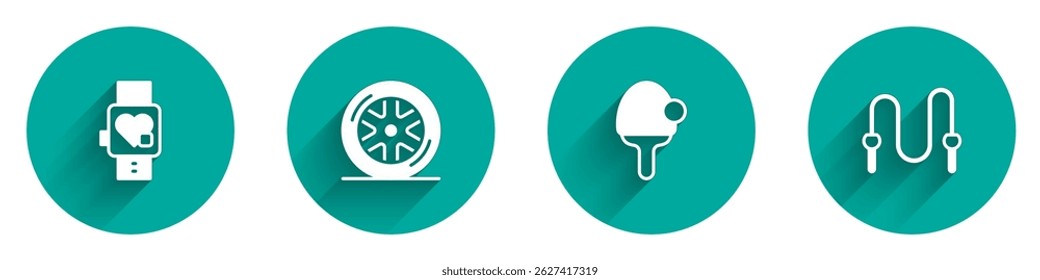 Set Smart watch with heart, Car wheel, Racket and Jump rope icon with long shadow. Vector