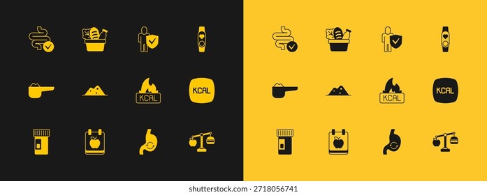Set Reloj inteligente con corazón, plan de dieta, Kcal, salud del estómago humano, sal, estilo de vida saludable, intestinos y bolsa de compras e icono de alimentos. Vector