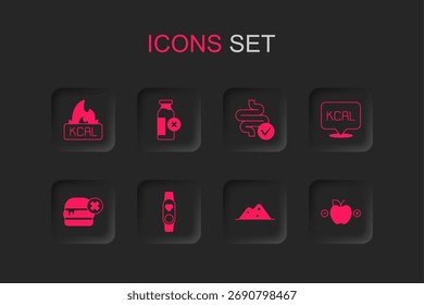 Set Reloj inteligente con corazón, intolerancia a la lactosa, Kcal, sal, calculadora de calorías, intestinos e icono de no hamburguesa. Vector