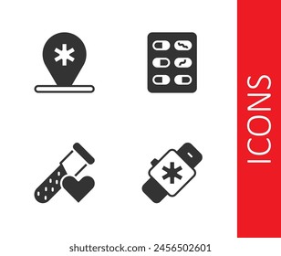 Set Smart Uhr mit Herz, Standort Krankenhaus, Reagenzglas Blut und Pillen in Blisterpackung Symbol. Vektorgrafik