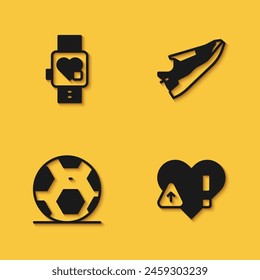 Set Smart watch with heart, Heart rate, Soccer football ball and Fitness sneakers shoes icon with long shadow. Vector